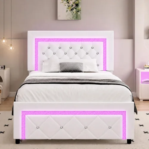 Vista 11 de BarnFurin Marco de cama Twin con luces LED, cama de plataforma tapizada con cabecera capitonada de diamante, no necesita somier, sin ruido, fácil