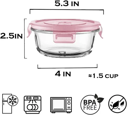 Vista 2 de Recipientes redondos de vidrio para almacenamiento de alimentos de 12 onzas con tapas, recipientes redondos para preparación de comidas de 1.5 tazas