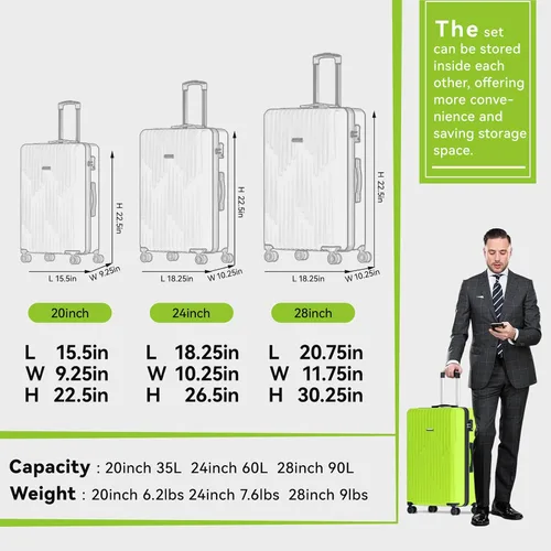 Vista 6 de Strenforce Conjuntos de 3 piezas (202428)" Maletas Spinner ABS Hardshell Equipaje con cerradura TSA, B-verde manzana