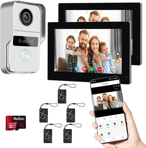 Vista 9 de Sistema de intercomunicador de video con 2 cables y pantalla táctil de 7 pulgadas, timbre con cámara y ángulo amplio de 140°, grabación de video