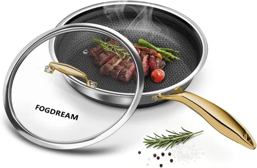 Vista 9 de FogDream Sartén antiadherente de 10 pulgadas con tapa, sartén híbrida de acero inoxidable de panal, compatible con inducción de tres capas, sartén
