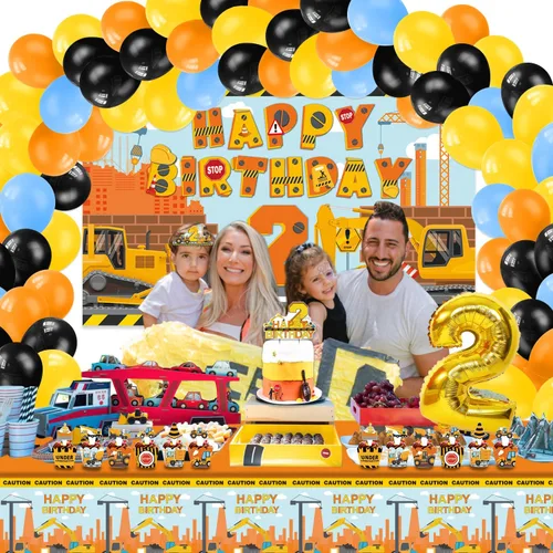 Vista 6 de Suministros de fiesta de cumpleaños de construcción para niños de 2 años, 139 piezas de decoraciones de fiesta de camión volquete para niños y bebés