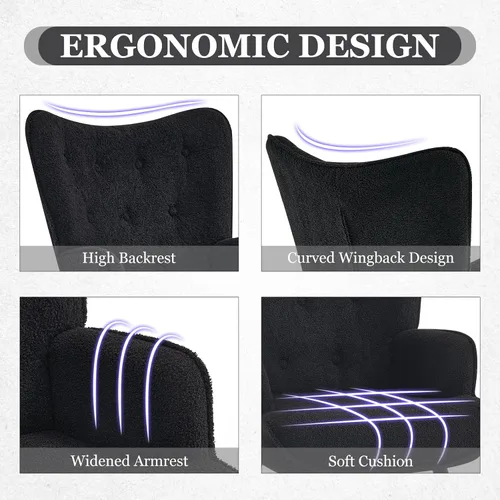Vista 5 de Furnimart Silla de Acento de Piel Sintética Negra con Respaldo de Ala Sillas Modernas para Sala de Estar, Cómodo Sillón de Ocio Tocador Silla