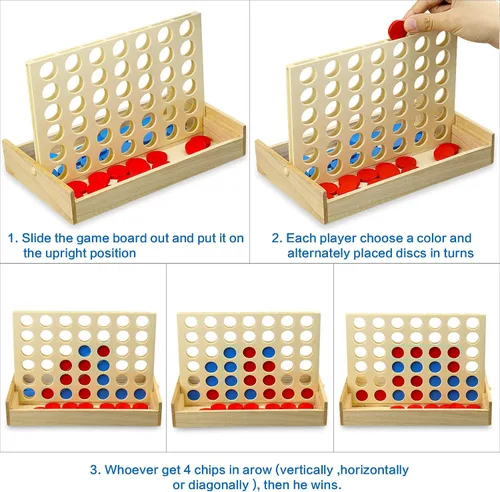 Vista 6 de Juego de mesa de madera 4 en una fila, línea plegable para 4 juegos, juguete clásico de estrategia familiar, juego de conexión de madera para niños