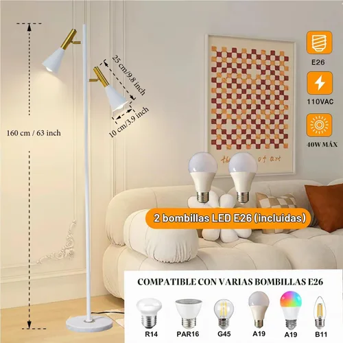 Vista 3 de Elegante lámpara de pie moderna con 2 cabezales ajustables, lámparas de pie blancas y doradas con base de mármol, luz vertical de poste alto Blanco