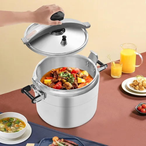 Vista 4 de Olla a presión de aluminio de 31.7 cuartos de galón, 2 válvulas de seguridad, 5 PSI de gran capacidad, olla para cocinas o uso comercial, estufas