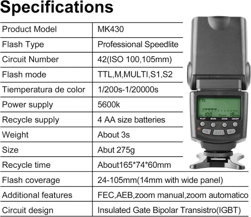 Vista 6 de Meike MK430N TTL Flash de cámara Speedlite con pantalla LCD compatible con cámaras Nikon D7100 D5300 D5200 D3500 D3100 D600 D800 D3200 D90 D80 D300