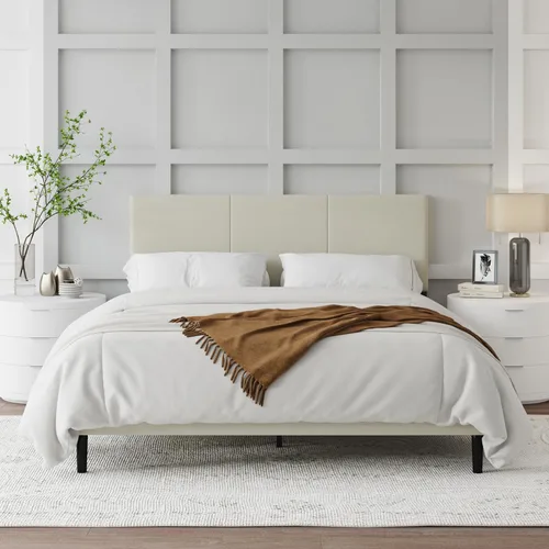 Vista 11 de IOILORI Base de cama de tamaño matrimonial con cabecera tapizada, listones de madera resistentes, no requiere somier, silencioso, fácil montaje Beige