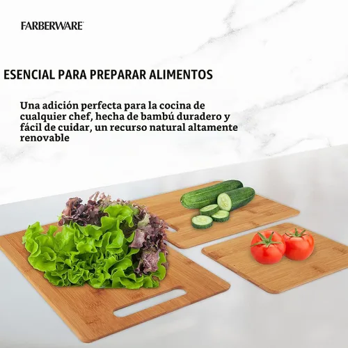 Vista 2 de Farberware Juego de tablas de cortar de madera de 3 piezas, tablas de cortar reversibles para preparación y servir comidas, tablas de charcutería