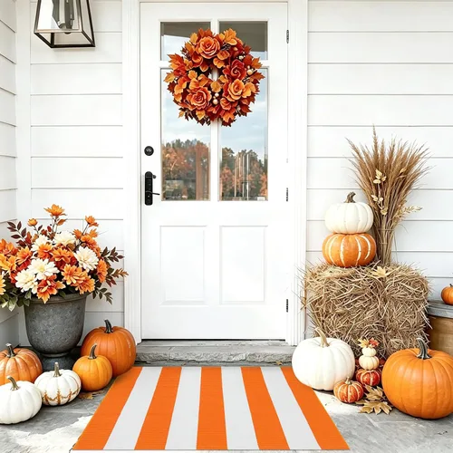 Vista 6 de USTIDE Orange White Stripe Woven Door Mat 2'x3' Washable Woven Striped Rug Orange&white Bold