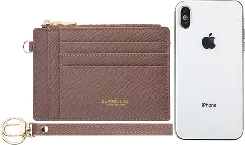 Vista 3 de Wikavanli Funda delgada para tarjetas de crédito con bloqueo Rfid para mujer, cartera con cremallera, cartera pequeña y compacta de cuero