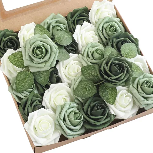 Vista 62 de Floroom Flores artificiales, 25 piezas de rosas falsas de espuma dorada antigua de aspecto real con tallos para ramos de boda DIY, centros de mesa