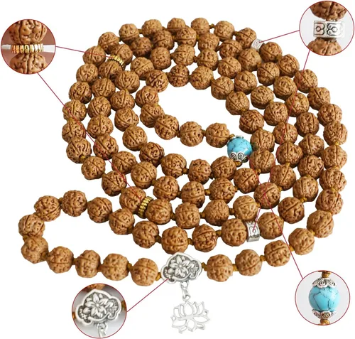 Vista 3 de Auténtico collar de cuentas Rudraksha Mala de 108 5 caras-Rudraksha adecuado para yoga, meditación y uso, sin productos químicos, cera y tratamiento