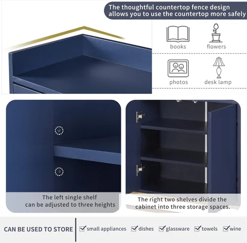 Vista 13 de Aparador moderno de gran espacio de almacenamiento con puerta de ratán artificial, mesa de consola con 4 puertas y estante ajustable, mesa de Blanco