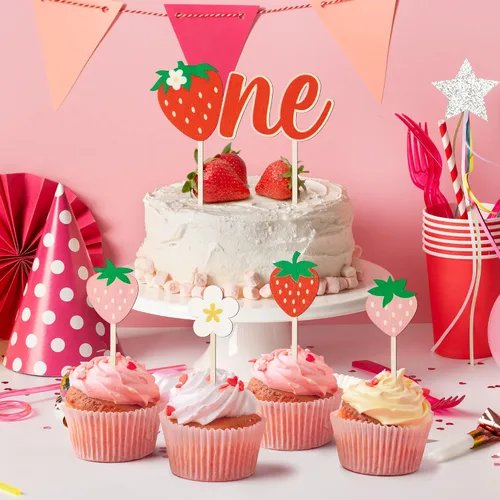 Vista 6 de Decoración para magdalenas de primer cumpleaños, 5 piezas de lindo pastel de margaritas fresas de madera, decoración de pastel para niños de un año