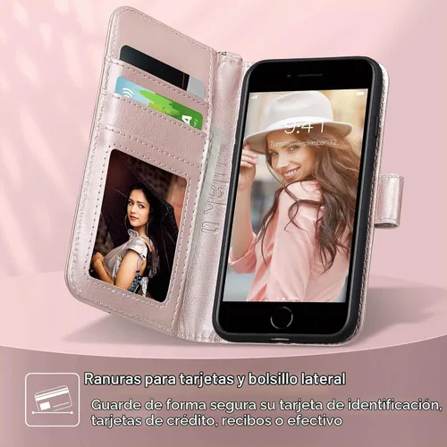 Vista 2 de ULAK Funda tipo cartera para iPhone SE (2022)/SE (2020)/8/7, tarjetero con Brillo