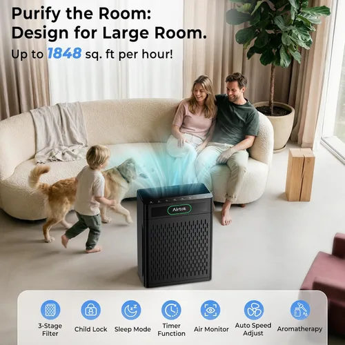 Vista 2 de Airtok AP3001 - Purificadores de aire para el hogar, habitación grande de hasta 1848 pies cuadrados, purificador de aire HEPA para dormitorio, Negro