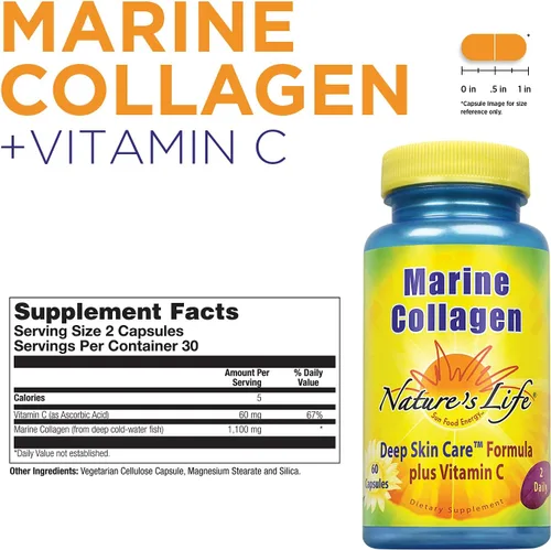 Vista 2 de Nature's Life Marine Collagen Deep Skin Care Formula Plus Vitamin C de pescado de agua fría profunda 30 porciones, 60 cápsulas