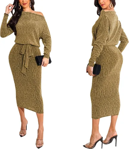 Vista 3 de Vestido sexy para mujer, brillante, básico, de manga larga, entallado, con lentejuelas, club, noche, fiesta, vestido midi