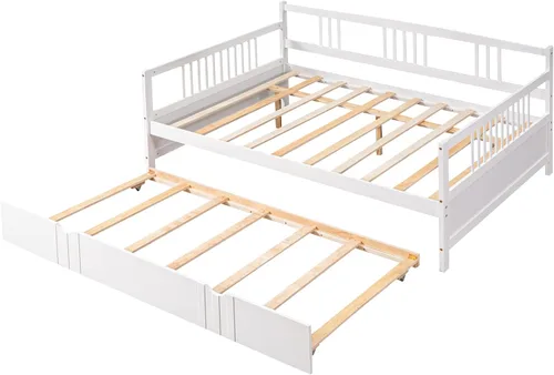 Vista 8 de Sofá cama de madera maciza, marco de sofá cama de madera completa, cama de madera con cama nido de tamaño individual, sofá cama con cabecero