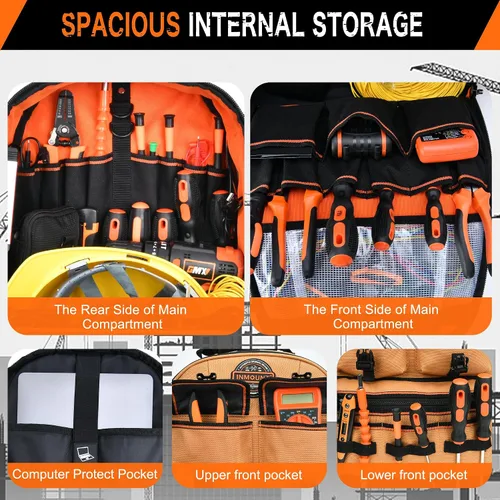 Vista 3 de Mochila para herramientas, mochila de herramientas resistente, bolsa de herramientas HVAC para electricista/trabajos de construcción con base Marrón