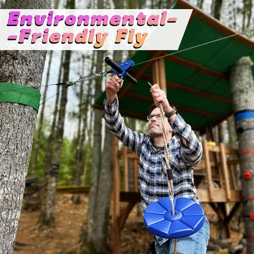 Vista 7 de CTSC Tirolesa para niños y adultos, kits de tirolesa para patio trasero con freno de resorte de acero inoxidable, kit de tensión de cables, arnés