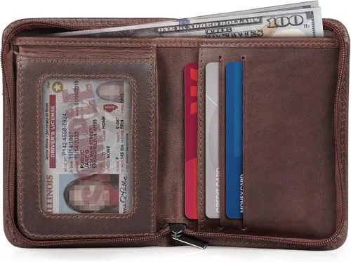 Vista 2 de Otto Angelino Cartera plegable con cremallera para hombre con bloqueo RFID, piel de vaca italiana, comodidad de viaje delgada, soporte para tarjeta