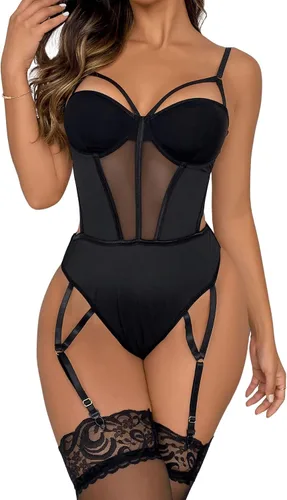Vista 4 de SweatyRocks Lencería de encaje de malla para mujer con liguero con medias