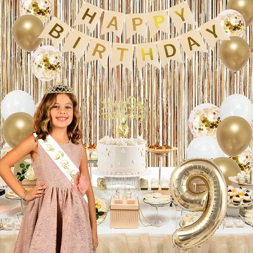 Vista 5 de Trgowaul Decoraciones de 9º cumpleaños para niñas, pancarta, banda y corona, decoración de pastel, globo de número 9, cortinas de flecos