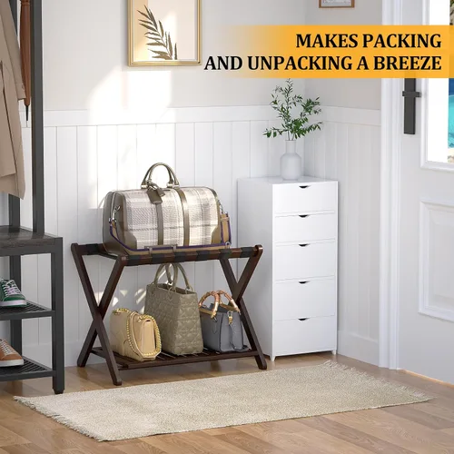Vista 5 de Juego de 2 portaequipajes de bambú, totalmente montado, para habitación de invitados, soporte plegable para maleta con estante para zapatos, soporte