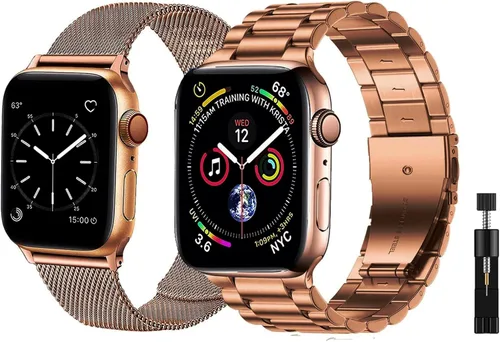 Vista 14 de Paquete de 2 correas de metal compatibles con Apple Watch Band 38/40/41/42/44/45/46/1.929 in, acero inoxidable y malla milanesa para iWatch Band