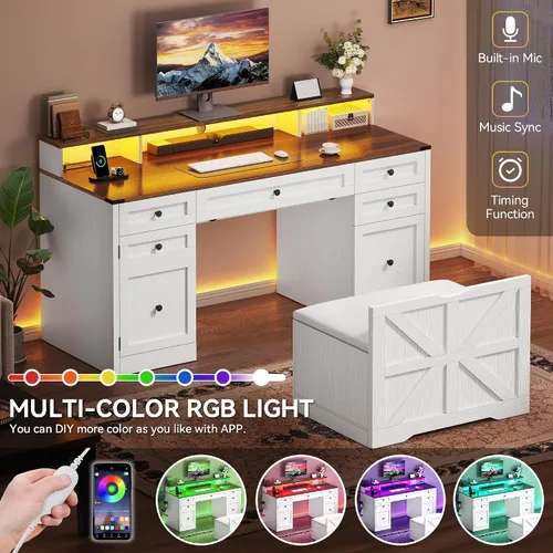Vista 4 de YITAHOME Conjunto de Escritorio y Taburete para Computadora con 5 Cajones, Escritorio de Oficina con Tomas de Corriente y Luces LED, Escritorio