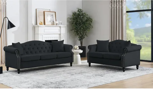 Vista 13 de Juego de Sofá Combinado de Terciopelo Chesterfield de 2 Piezas para Sala de Estar, Sofá de 3 Plazas y Loveseat con Tapizado Capitoné con 4
