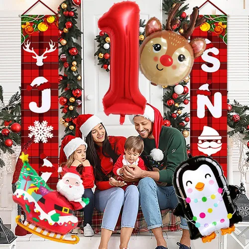 Vista 5 de Globos de papel de aluminio de Navidad, globos de cumpleaños de Navidad, número 1, pingüino, Papá Noel, reno, globo para decoración de fiestas Juego