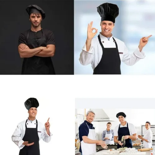 Vista 6 de Juego de sombrero y delantal de chef negro, delantal con babero en tamaño grande y sombrero de chef, babero para cocinar a la parrilla, delantal