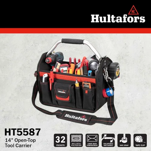Vista 8 de Hultafors Work Gear HT5587 - Portaherramientas con parte superior abierta, 32 bolsillos, bolsa de herramientas de poliéster balístico resistente