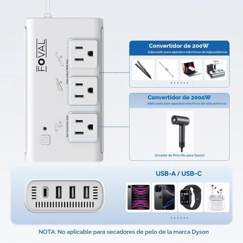 Vista 6 de Convertidor de voltaje de viaje de 220V a 110V, convertidor de potencia internacional FOVAL de 2000W para secador de pelo, alisador/rizador con 4