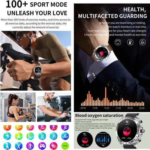Vista 4 de Reloj inteligente T95 con auriculares para iPhone, Android, teléfonos inteligentes de 1.52 pulgadas, redondo, Bluetooth, llamadas, reloj Negro