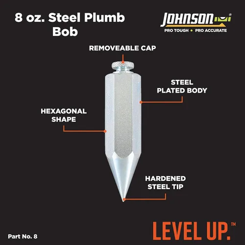 Vista 2 de Johnson Level & Tool 08 - Plumb Bob, hexagonal de acero, 8 onzas, acabado de acero, 1 paquete