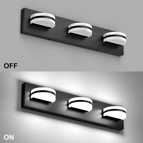 Vista 8 de Aipsun Lámpara de tocador negra moderna regulable, luz LED acrílica, 3 luces de pared de baño (luz blanca, 6000 K)