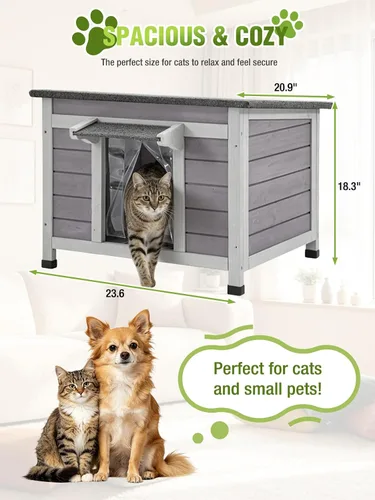 Vista 8 de Casa climatizada para gatos al aire libre con forro aislante, refugio impermeable para gatos Solid Fir Timber Stray Kitty Habitat With Removable