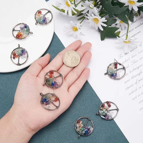 Vista 3 de SUNNYCLUE 8 dijes de árbol de la vida, piedras preciosas de cristal de cuarzo, planas, redondas, con agujero para joyería y pulsera, chakras, collar