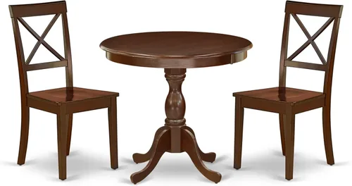 Vista 20 de East West Furniture AMBO3-BCH-W Juego de mesa y sillas de cocina de 3 piezas contiene una mesa de comedor redonda con pedestal y 2 sillas de asiento