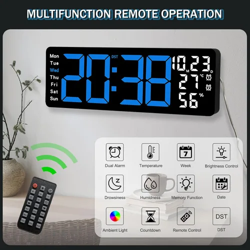 Vista 4 de JoFomp Reloj de pared digital grande de 17.3 pulgadas, reloj digital LED con control remoto, reloj despertador
