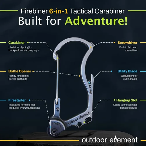 Vista 3 de OUTDOOR ELEMENT Firebiner 6-en-1 - Mosquetón Iniciador de Fuego EDC Multiherramienta de Emergencia - Llavero, Cuchilla Utilitaria, Abrebotellas y Más