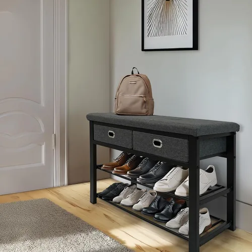 Vista 2 de Finnhomy - Zapatero de entrada con asiento acolchado, banco de zapatos para entrada, organizador de almacenamiento de zapatos de 3 niveles con 2