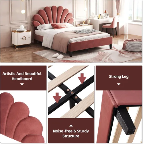 Vista 4 de DEINPPA Base de cama tapizada tamaño matrimonial con cabecera ajustable de flores elegantes, cama de plataforma de terciopelo con soporte