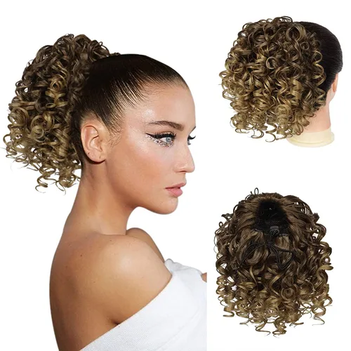 Vista 22 de PEACOCO Extensión de cola de caballo rizada con cordón para mujeres negras - Cola de caballo de 6 pulgadas con clip, postizo sintético de afro corto