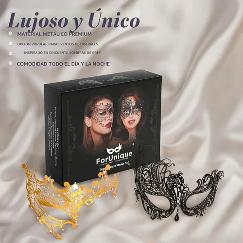 Vista 5 de ForUnique Masquerade Mask for Couples Women and Men - 3 Pack Venetian Gold and Black Lace, Mardi Gras Mask