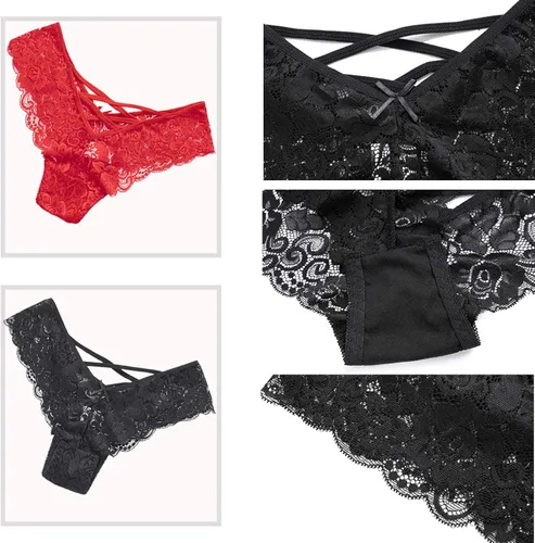 Vista 2 de Anna & Eric Tanga sexy de encaje floral con espalda en V cruzada de tiro medio, Negro